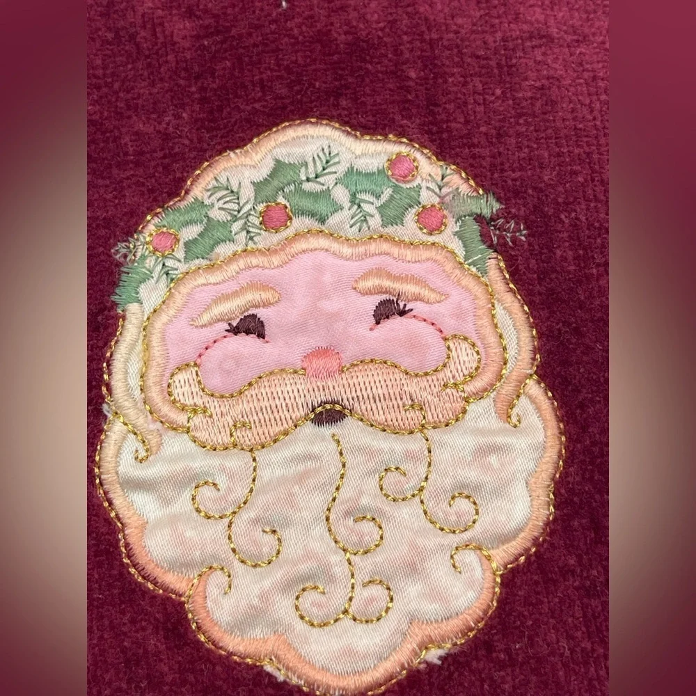 Vtg Christmas Fringe fingertip Hand towels x5 Burgundy Maroon Santa Made in USA